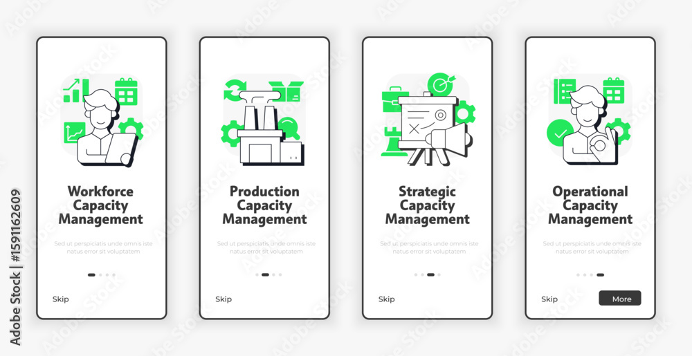 Poster types of capacity management mobile onboarding screen. resources optimization. ux ui illustration fl