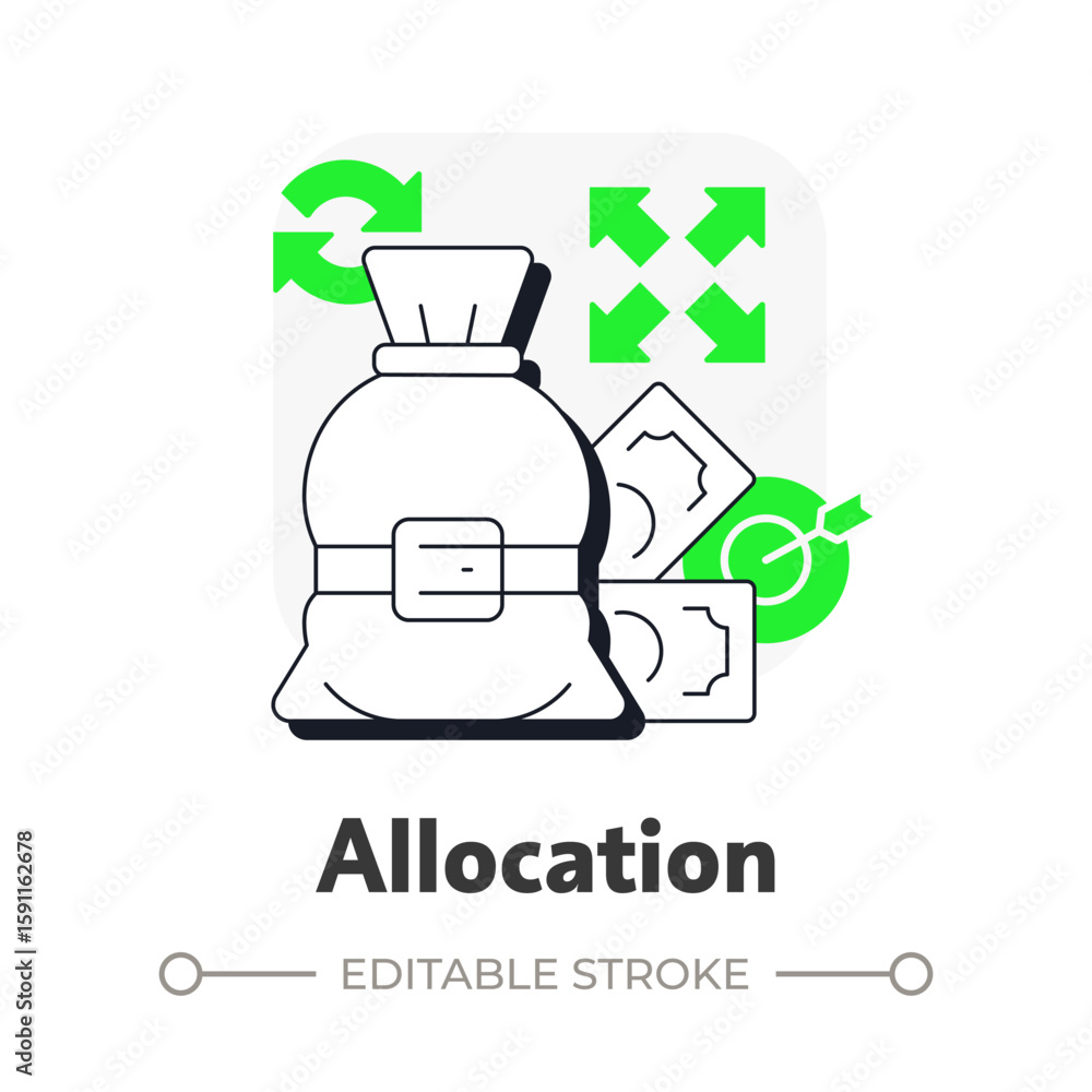 Poster allocation flat outline concept icon. resources planning and control system. step in capacity manage