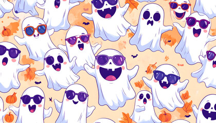 Playful White Ghosts Wearing Sunglasses on Orange Leaves Background