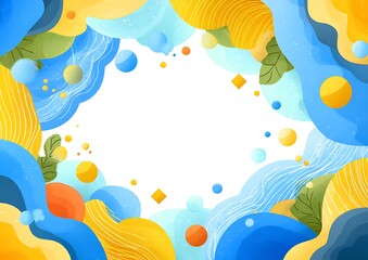 Colorful blue and yellow abstract background with geometric shapes, bright cheerful palette, white space center, playful fun vector design.