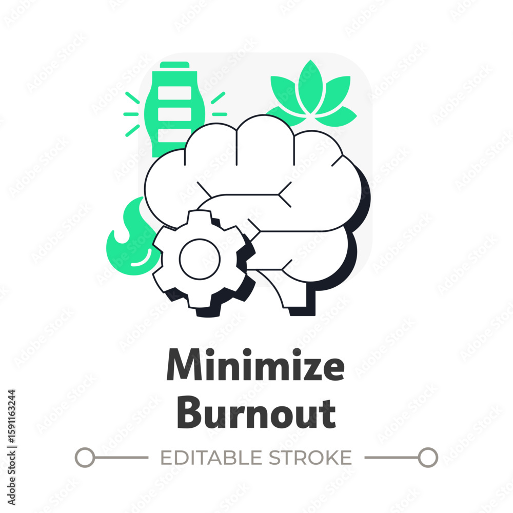 Aufkleber minimize burnout flat outline concept icon. accurately aligning workforce loading. benefit of capaci