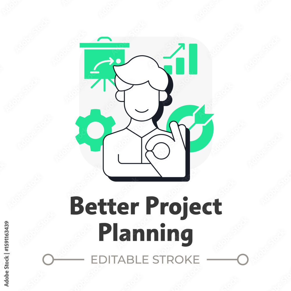 Aufkleber better project planning flat outline concept icon. structured resources organization. benefit of cap