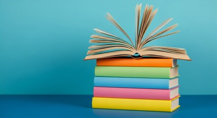 Stack of colorful books with an open book on top against a blue background, suggesting learning and knowledge.