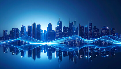 Futuristic Blue City Skyline at Night with Glowing Digital Waves