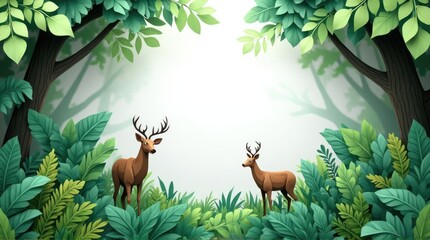 Two deer in a lush, vibrant forest.