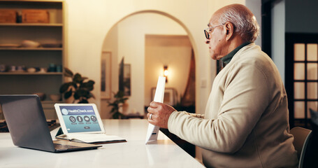 Senior person, tech and review with documents, form or application for retirement or life insurance...