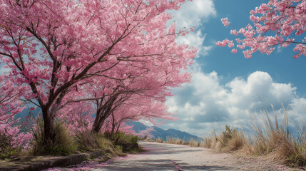 Pink Cherry Blossoms and Fluffy Clouds Along a Pathway

