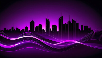 Purple Neon Cityscape at Night with Glowing Wave Effect