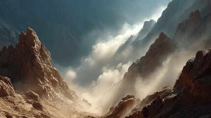 Sunlit, dusty valley between towering sandstone cliffs, shrouded in mist and sunlight beams