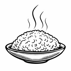 Monochrome hand-drawn vector of a steaming plate of rice, symbolizing cooked grain dish, traditional meal, and healthy nutrition in vintage food illustration  
