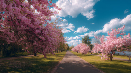 Pink Cherry Blossoms and Fluffy Clouds Along a Pathway

