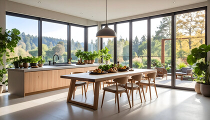 Modern Minimalist Kitchen Dining Area with Panoramic View