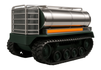 Tracked forest fire tanker with large water tank and protective metal grilles