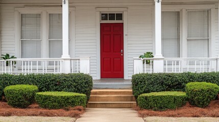 Traditional house with a vibrant red door and white siding, set against a manicured front yard under even daylight.
