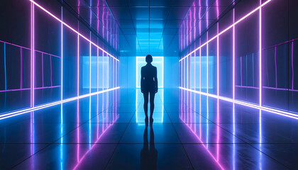 Silhouette in a Neon Lit Corridor