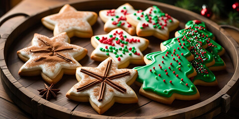 Christmas Cookies on Wooden Tray

