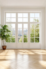 Fototapeta premium Bright and airy interior with large windows showcasing green landscape and natural light in a serene setting