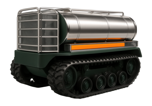 Tracked forest fire tanker with large water tank and protective metal grilles