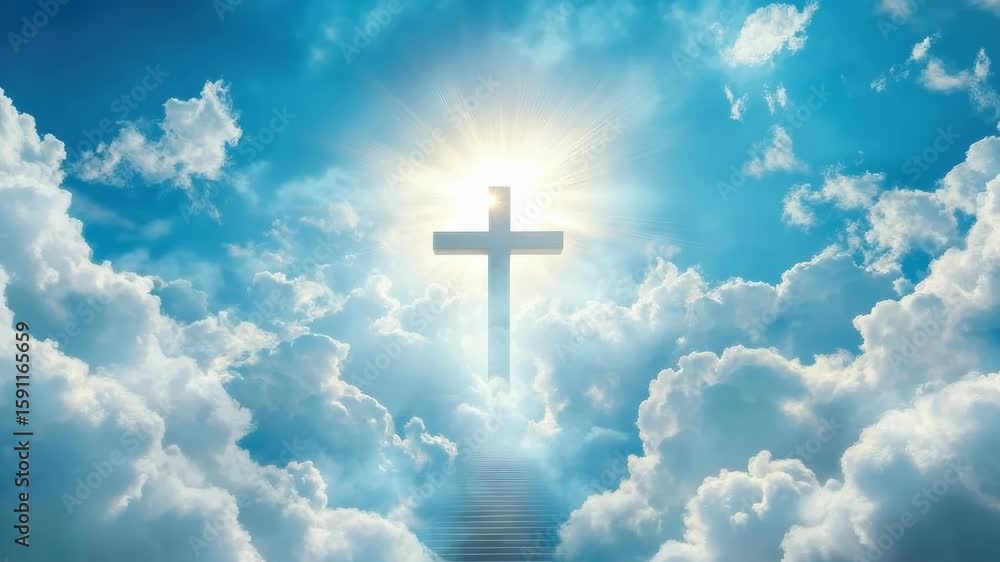 Poster a heavenly scene with a cross illuminated by sunlight, surrounded by clouds. captured from a low ang