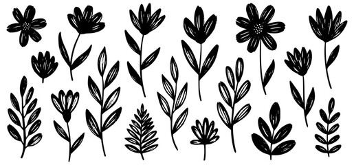 Fototapeta premium Black and white floral illustrations. Doodle flower, floral leaf elements in brush stroke ink style. Simple abstract botanical silhouette set for nature black paint art. Vector Transparent PNG version