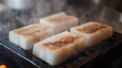 Three rectangular pieces of mochi are being grilled over a traditiona