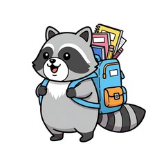 A cartoon raccoon with a blue backpack filled with books and pencils, smiling and ready for school.