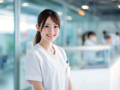 笑顔の日本人女性看護師が明るい病院で働く安心感と信頼を感じる医療シーン