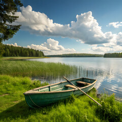 Obraz premium Scenic View of a Wooden Rowboat by a Serene Lake with Reeds and Trees