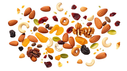 Delicious trail mix featuring almonds, cashews, walnuts, and dried fruit isolated on transparent background