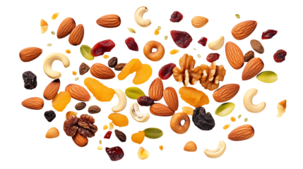 Delicious trail mix featuring almonds, cashews, walnuts, and dried fruit isolated on transparent background