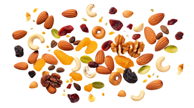 Delicious trail mix featuring almonds, cashews, walnuts, and dried fruit isolated on transparent background