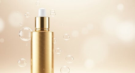 Golden Bottle with Dropper and Bubbles on Soft Beige Background