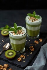 High resolution photo of two green smoothies in glasses topped with foam, mint leaves and crushed nuts, placed on a dark background with kiwi and walnuts, perfect for healthy food backgrounds

