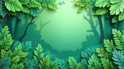 Lush green forest scene with paper-cut effect.