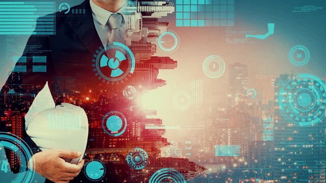 Future building construction and inventive engineering project concept with HUD hologram graphic design. Building engineer, architect people or construction worker works with modern civil technology.