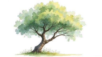 A leaning tree with vibrant green foliage.