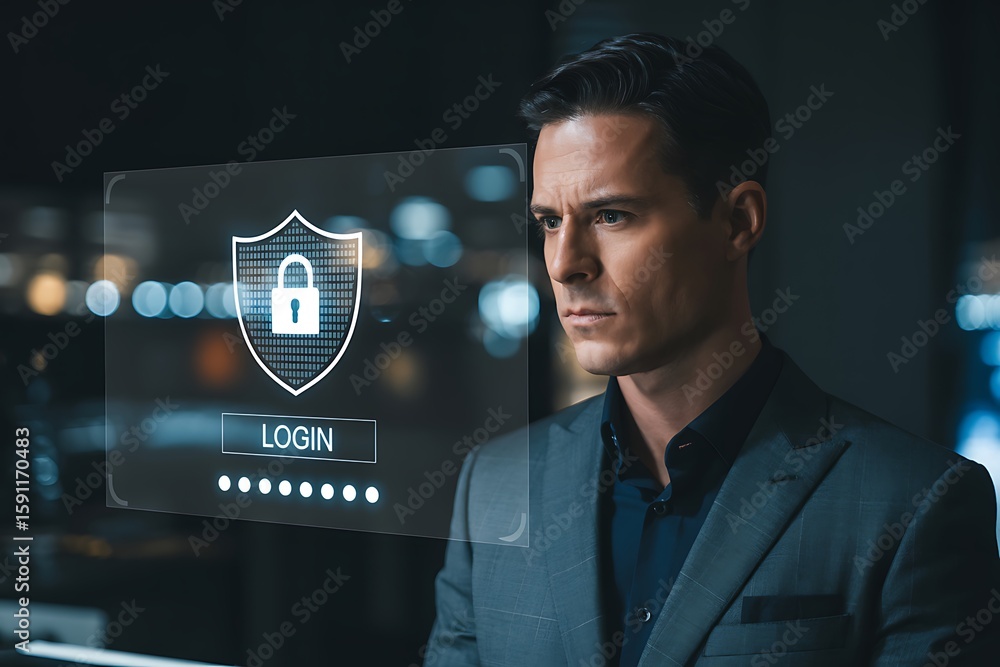 Poster man interacting with digital security interface suit