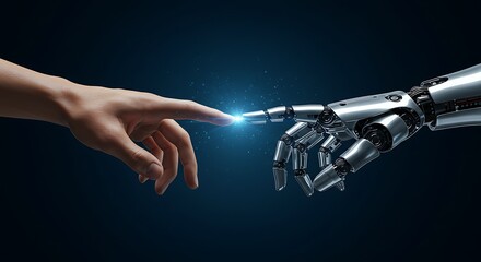 Human Hand Touching Silver Robot Finger with Blue Light on Dark Background