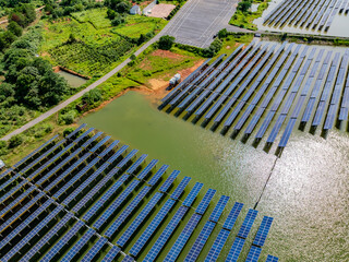 Photovoltaic panels aerial photography on water