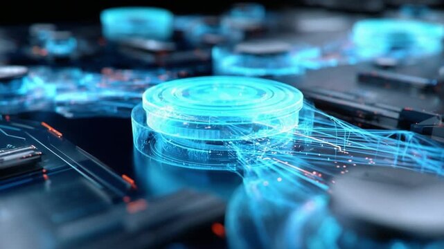 Cybernetic Core: Abstract digital rendering of a futuristic cybernetic core, glowing with vibrant blue energy. Intricate circuitry and mechanical components interweave.