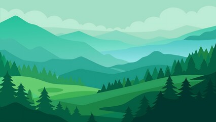 Serene green mountain landscape with rolling hills and pine trees