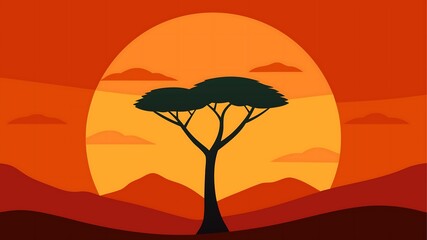 African savannah sunset silhouette with acacia tree and distant mountains
