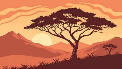 African savannah sunset silhouette with acacia tree and distant mountains