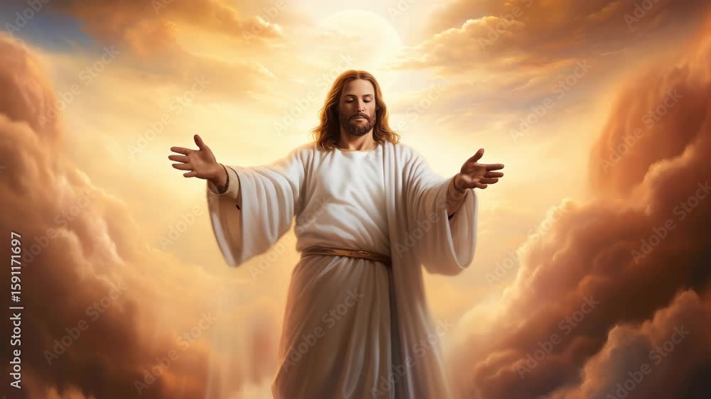 Poster a divine figure in flowing robes stands with open arms amidst glowing clouds. the low-angle view add