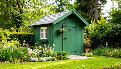 Green garden shed in a flower-filled yard