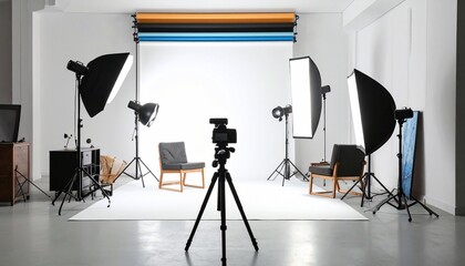 Professional Photography Studio Setup with Lighting Equipment and Camera