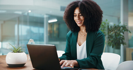 Laptop, research and businesswoman in office with finance project for client with investment...