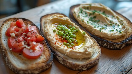 Three slices of toasted sourdough bread with hummus