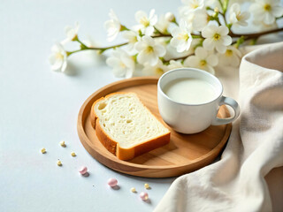 Cozy Breakfast Scene with Milk, Bread, and Cherry Blossoms