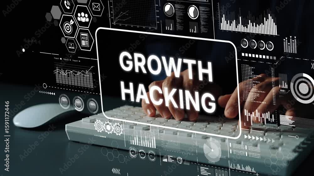 Poster modern digital marketing strategy with growth hacking concept and data visualizations on keyboard ba